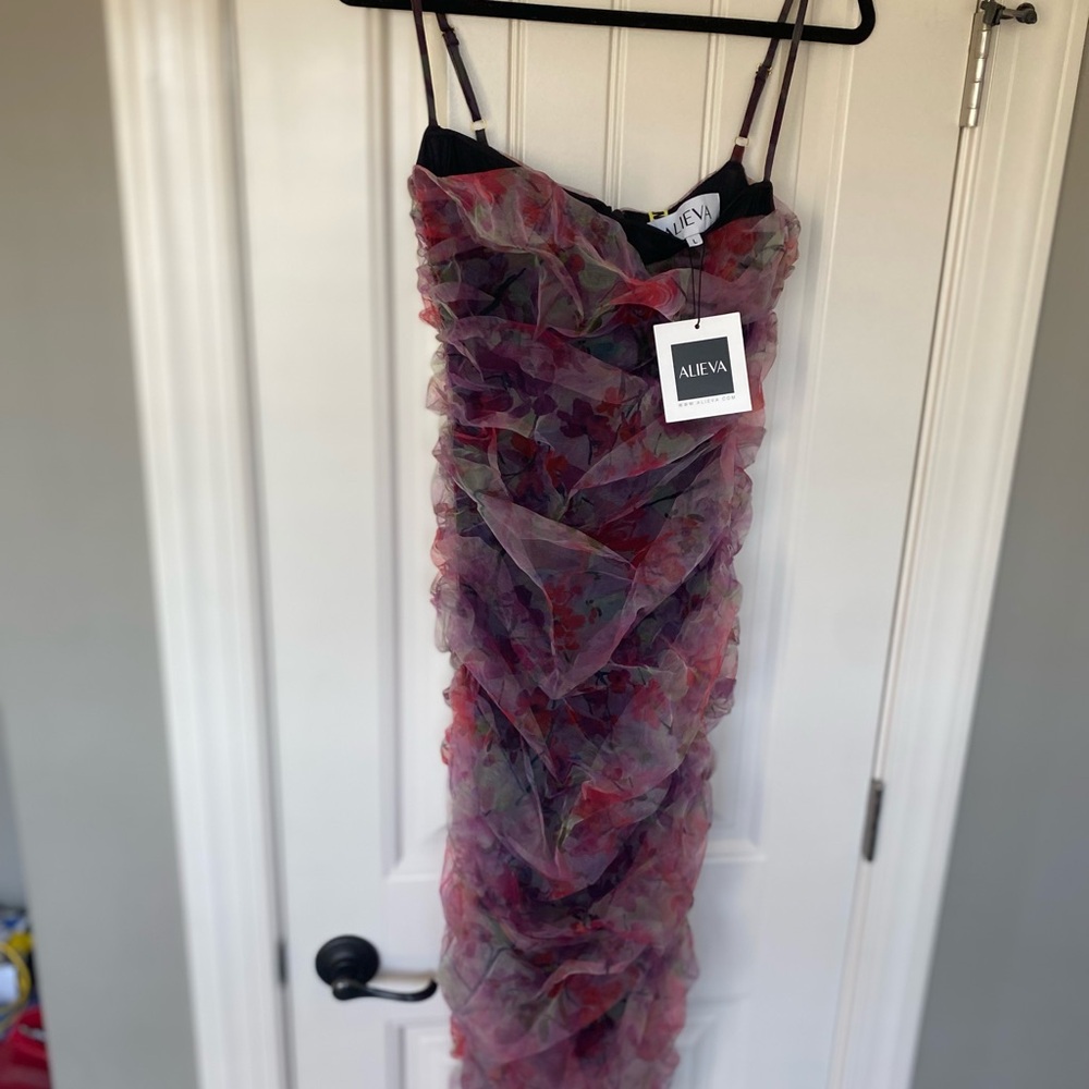 ALIEVA TOIRA FLORAL RUCHED MIDI DRESS (PRINT).  Large.